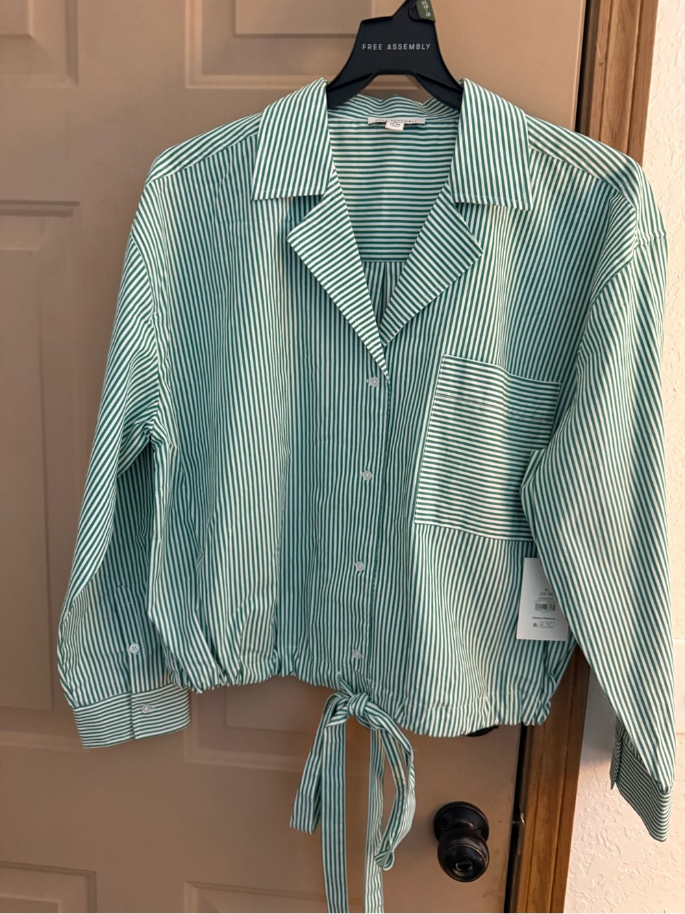 Striped Tie-Hem Button-Up Blouse - Green